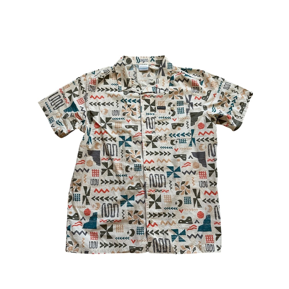 Retro Columbia Geometric Tribal Print Short Sleeve Button Down Shirt Size M